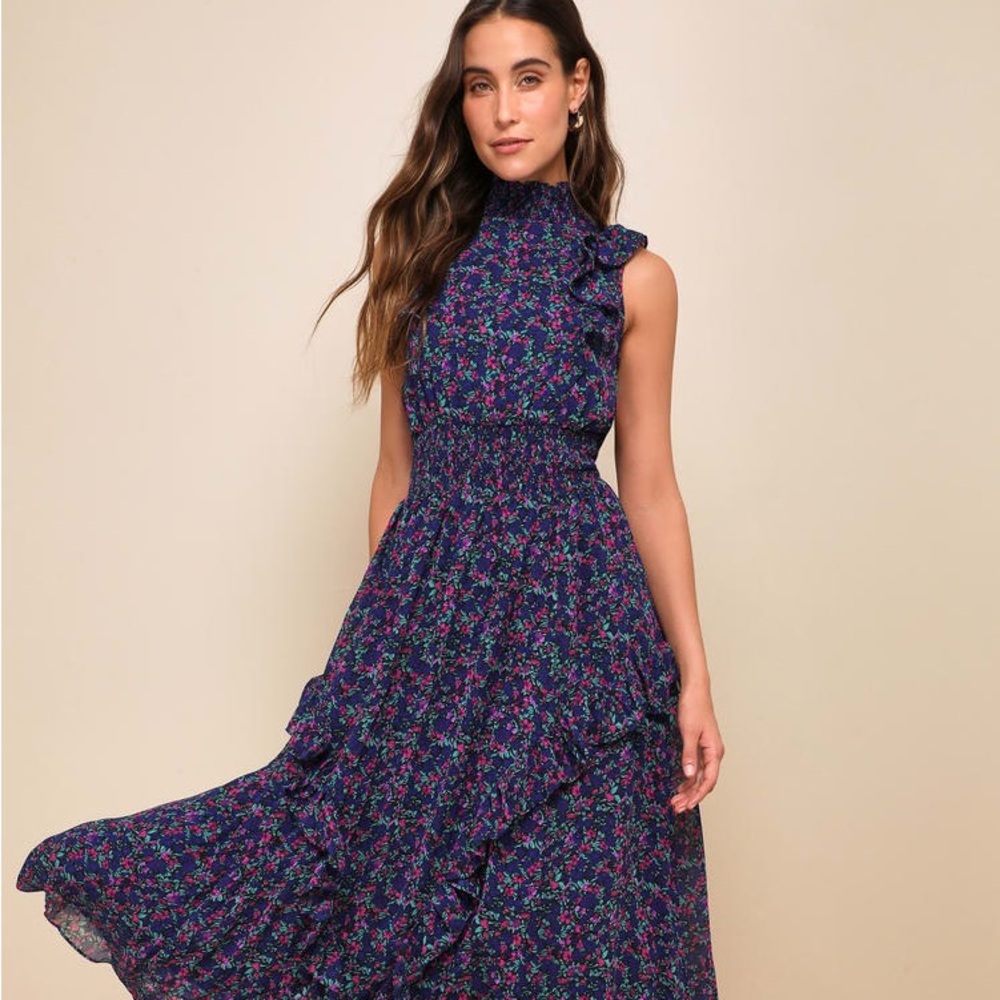 Evalina Navy Blue Floral Print Mock Neck Midi Dress